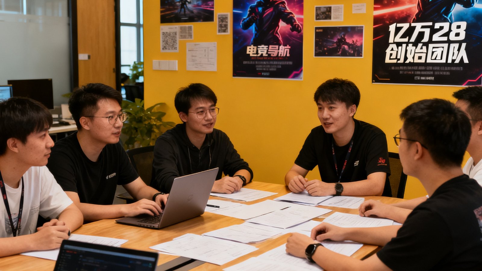 亿万28创始团队在共享办公室讨论电竞导航规划，2019年拍摄